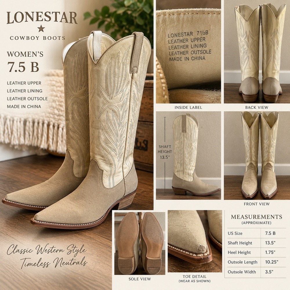 Lonestar Cowboy Boots Womens 7.5 B Cream Taupe Leather Western Pointed Toe Tall
